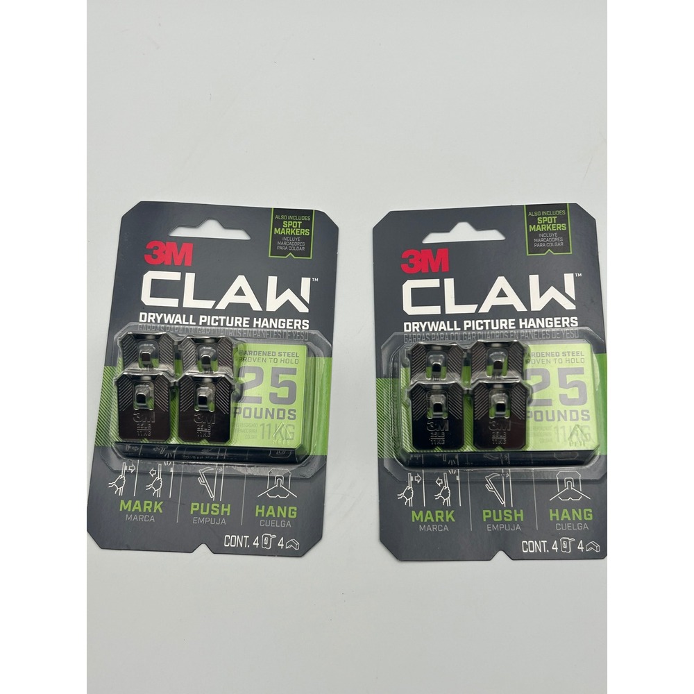 Lot of 2 3M CLAW Drywall Picture Hangers 25lb Heavy Duty Steel No Tools 8 Total